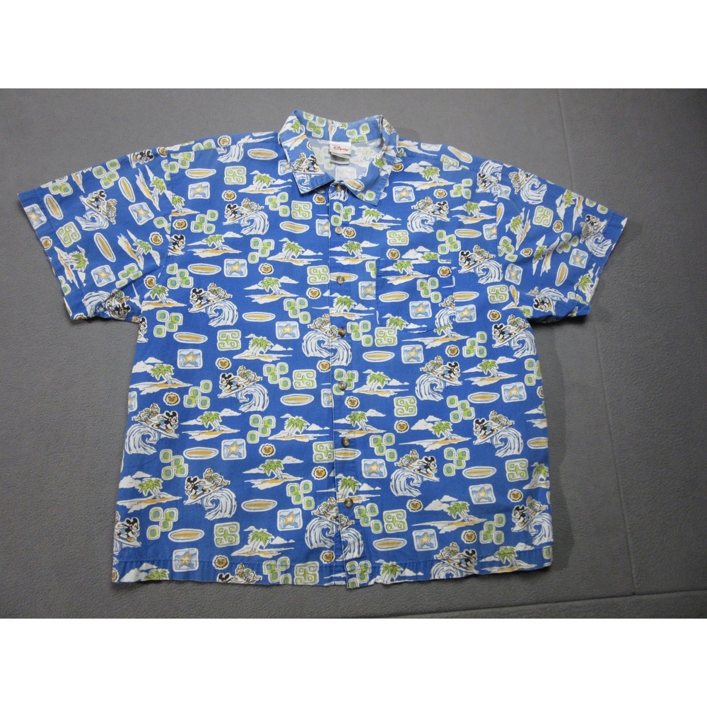 Disney Shirt Mens Large Blue Button Up Mickey Mouse Surfing Tropical Surf Aloha